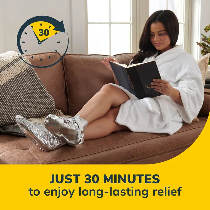 Person relaxing on a couch wearing foil foot mask booties