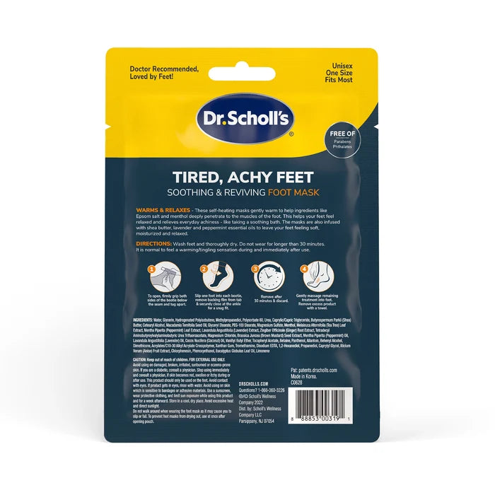 Dr. Scholl's foot mask back panel with directions and product details