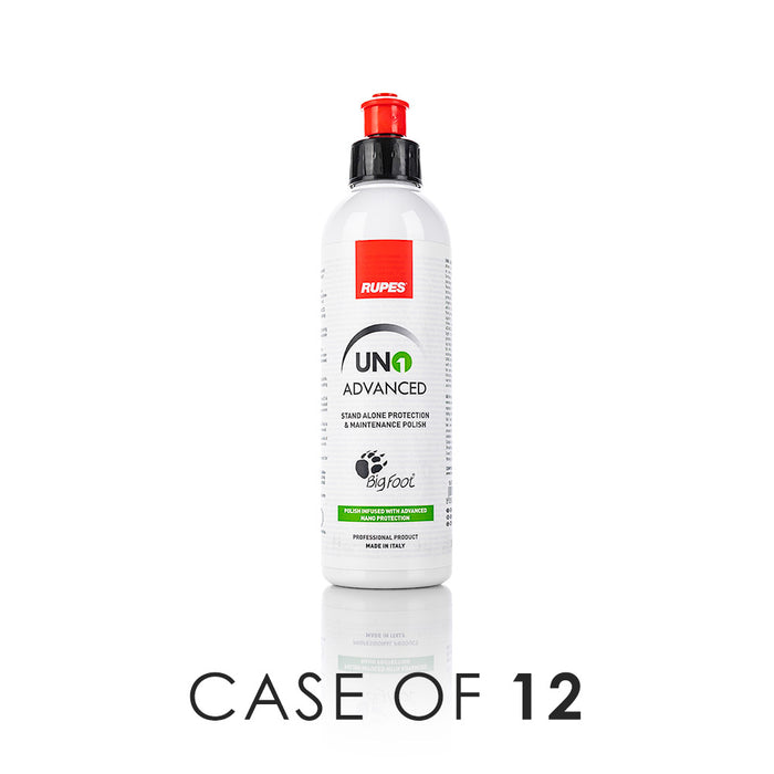 A bottle of Rupes Uno Advanced on a white background with the text 'Case of 12'.