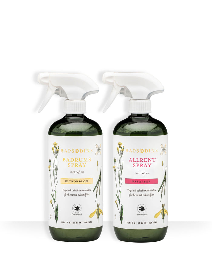 Rapsodines vardagskit för hemmet med badrumsspray och allrengöringsspray i naturlig design