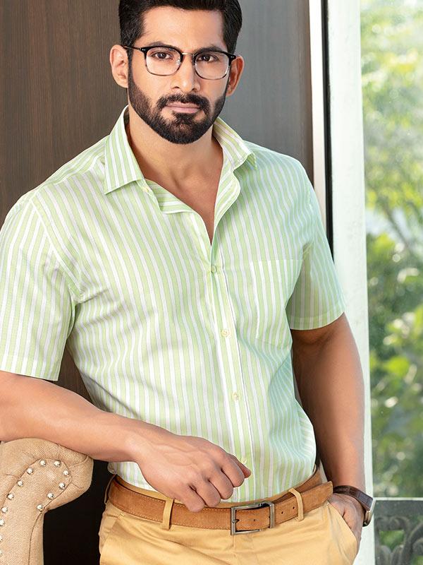 Venete  Mint Striped Half Sleeve Classic Fit Semi Formal Super Fine Cotton Shirt