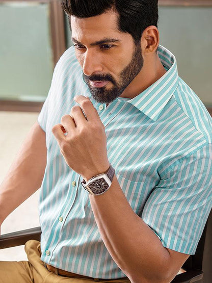 Venete  Turquoise Striped Half Sleeve Classic Fit Semi Formal Super Fine Cotton Shirt