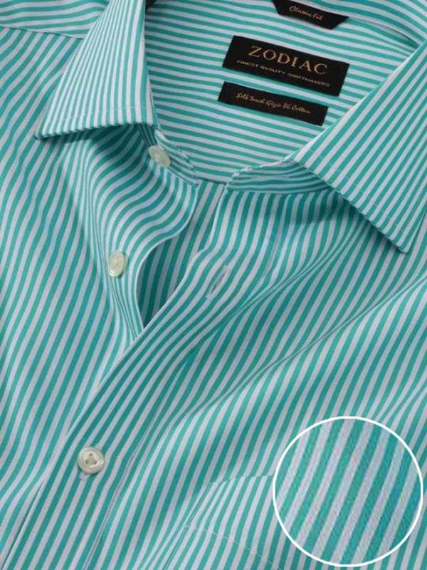 Vivace Green Striped Full Sleeve Single Cuff Classic Fit Semi Formal Silk Touch Egyptian Giza Cotton Shirt