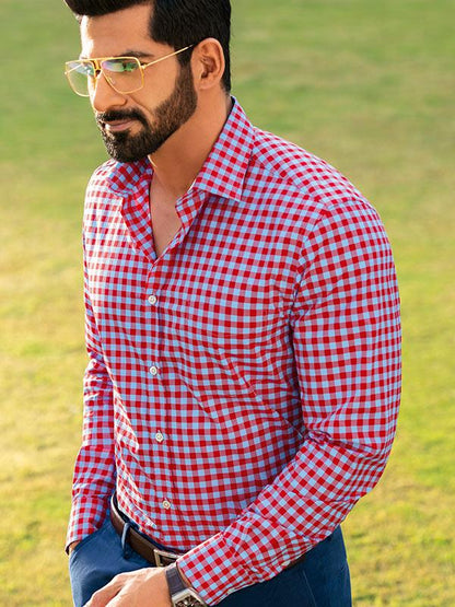 Vivace Red Check Full Sleeve Single Cuff Classic Fit Semi Formal Silk Touch Egyptian Giza Cotton Shirt