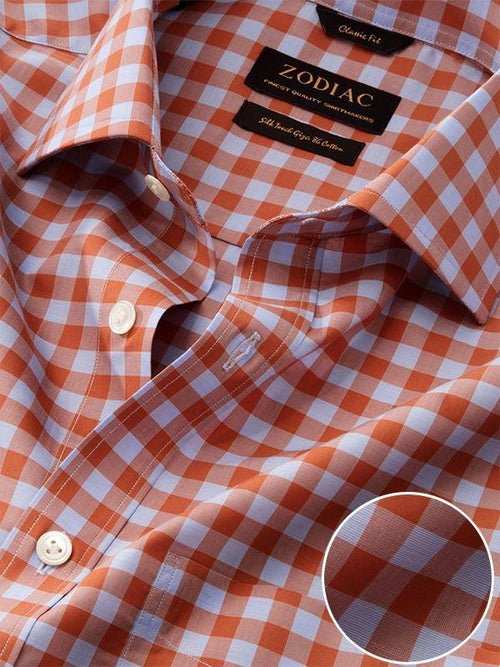 Vivace Rust Check Full Sleeve Single Cuff Classic Fit Semi Formal Silk Touch Egyptian Giza Cotton Shirt