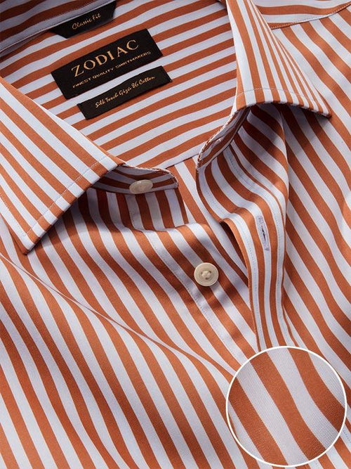 Vivace Rust Striped Full Sleeve Single Cuff Classic Fit Semi Formal Silk Touch Egyptian Giza Cotton Shirt