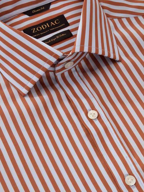 Vivace Rust Striped Full Sleeve Single Cuff Classic Fit Semi Formal Silk Touch Egyptian Giza Cotton Shirt