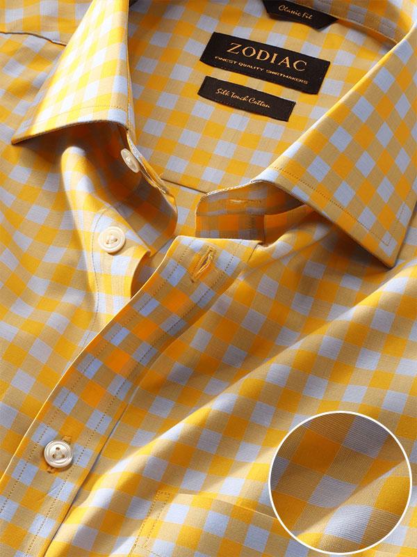 Vivace Yellow Check Full Sleeve Single Cuff Classic Fit Semi Formal Silk Touch Egyptian Giza Cotton Shirt