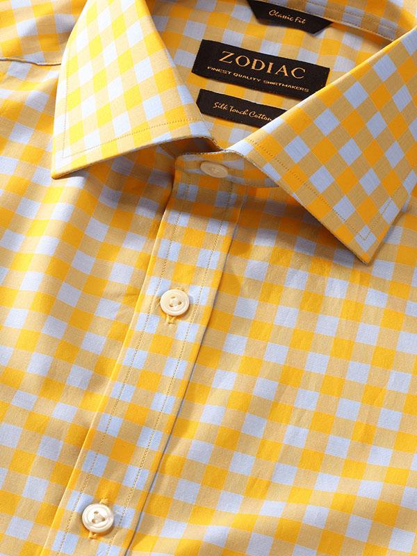 Vivace Yellow Check Full Sleeve Single Cuff Classic Fit Semi Formal Silk Touch Egyptian Giza Cotton Shirt