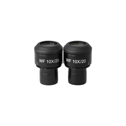 WF 10X Widefield Focusable Microscope Eyepieces, Adjustable, High Eyepoint, 23.2mm, FOV 20mm, Adjustable Diopter (Pair), SKU PL04052221, three quarter front view