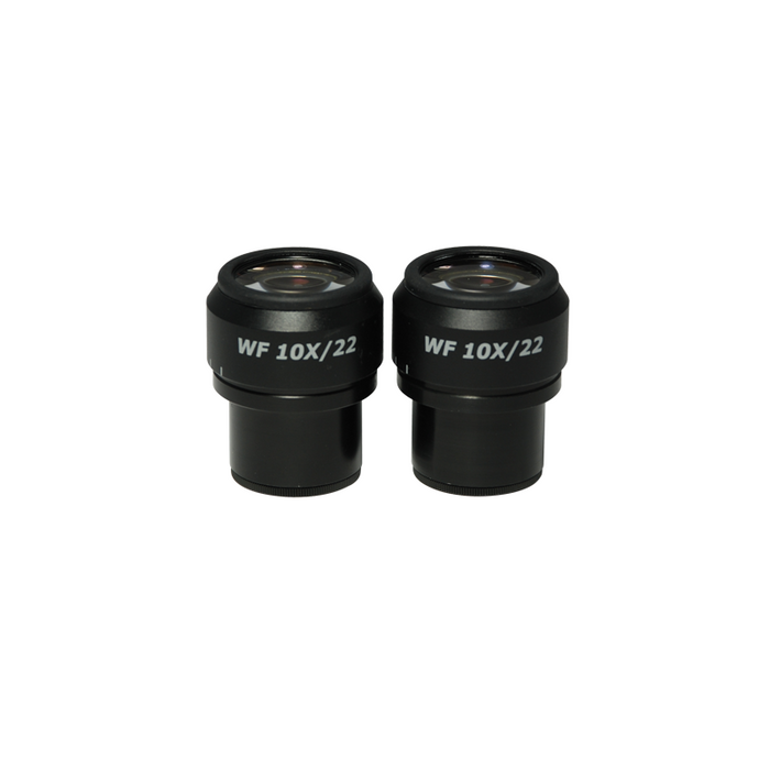 WF 10X Widefield Focusable Microscope Eyepieces, High Eyepoint, 30mm, FOV 22mm, Adjustable Diopter (Pair), SKU MT18022221, three quarter front view
