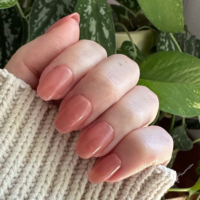 World Lit Jelly - Press-On | Short | Round nails in sheer mauve finish on hand with cozy knit sleeve background